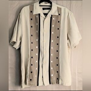 Nat Nast Silk Shirt, Size Large, Buttondown, Cement, Tan w/Embroidered Accents